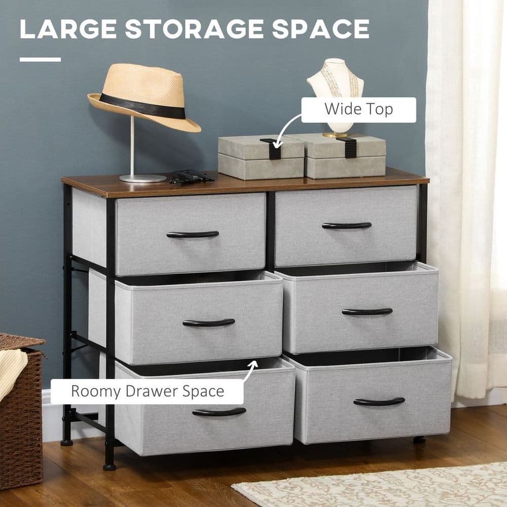 image-HOMCOM 6 Drawer Fabric Chest of Drawers w/ Wooden Top for Closet Hallway Grey