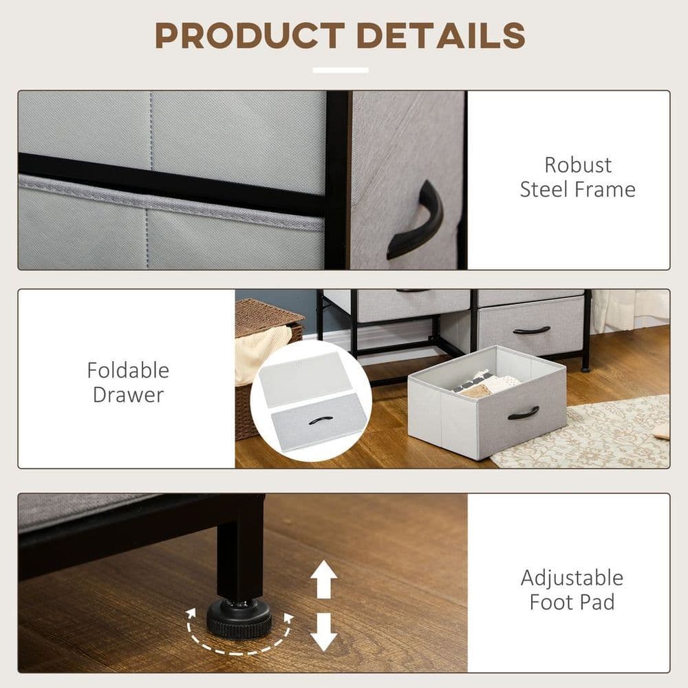 image-HOMCOM 6 Drawer Fabric Chest of Drawers w/ Wooden Top for Closet Hallway Grey