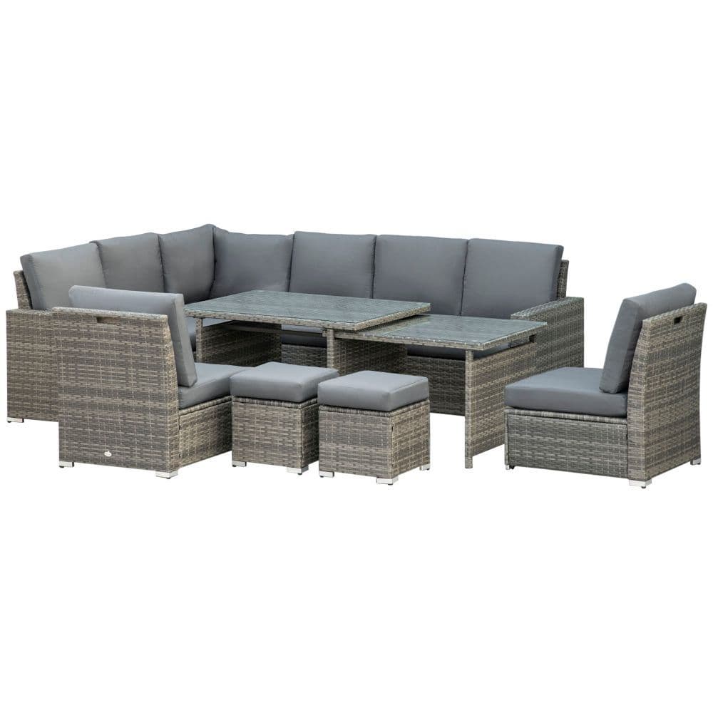 image-Outsunny 10-Seater Sofa Sectional W/ Cushioned Seat, Footstools and Glass Table