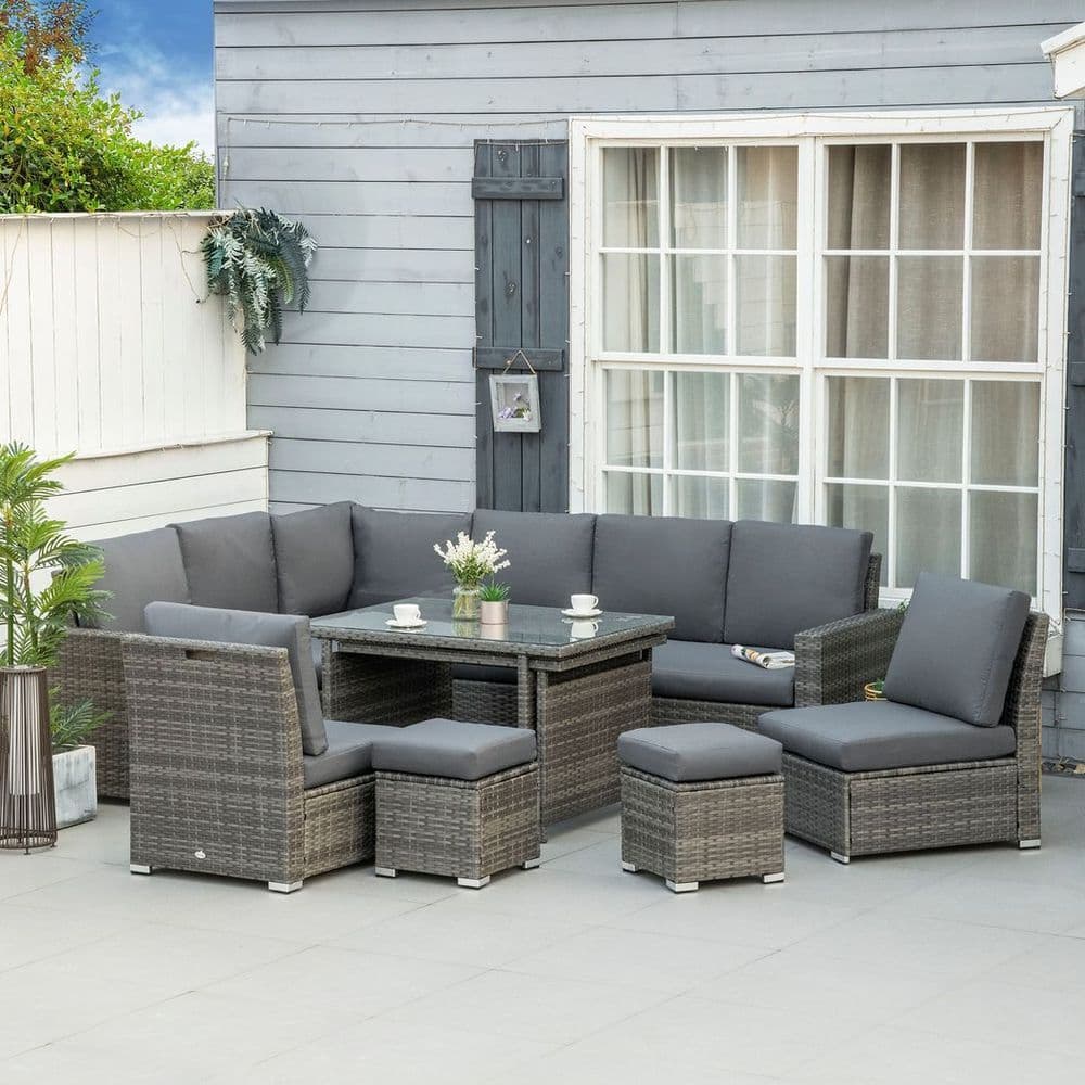 image-Outsunny 10-Seater Sofa Sectional W/ Cushioned Seat, Footstools and Glass Table