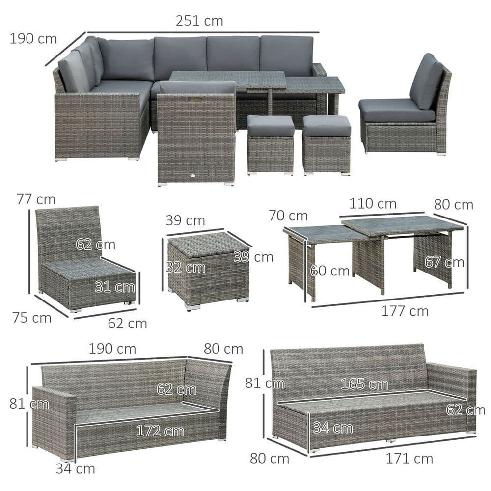 image-Outsunny 10-Seater Sofa Sectional W/ Cushioned Seat, Footstools and Glass Table