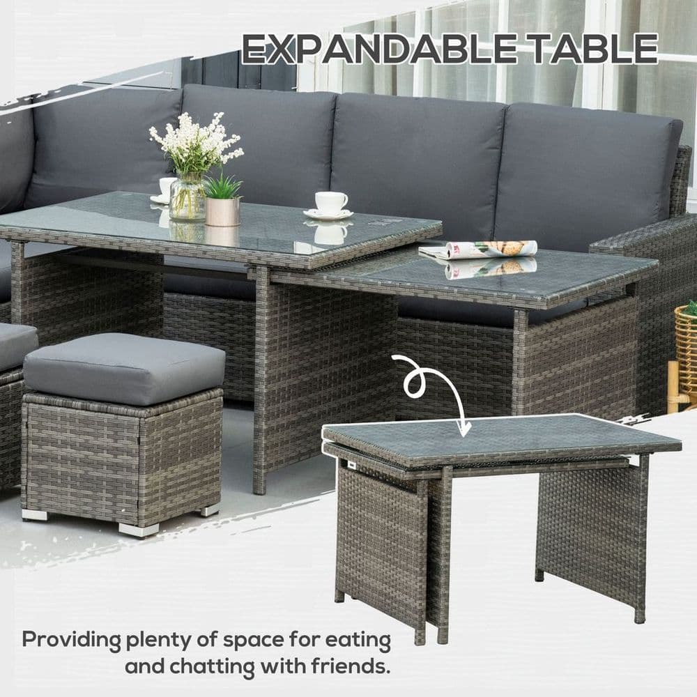 image-Outsunny 10-Seater Sofa Sectional W/ Cushioned Seat, Footstools and Glass Table