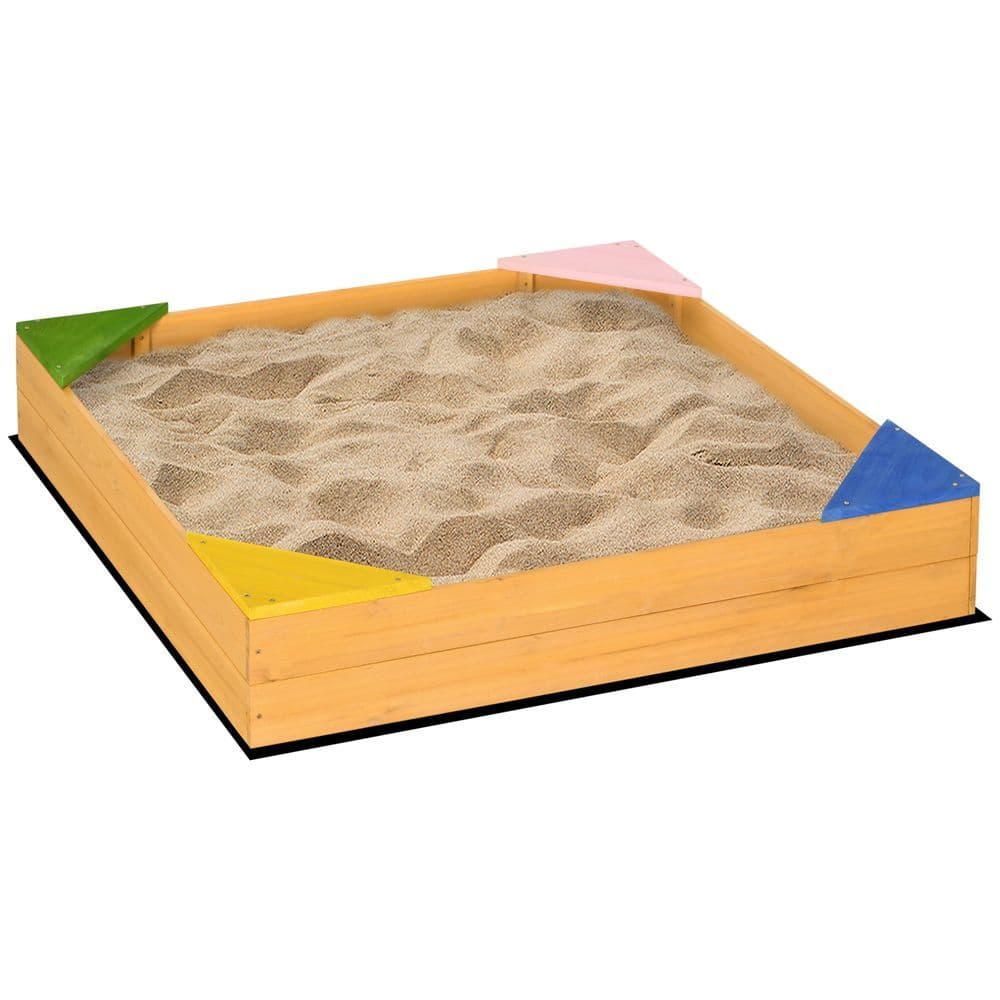 image-Outsunny Kids Wooden Sand Pit Sandbox w/ Seats, for Gardens, Playgrounds