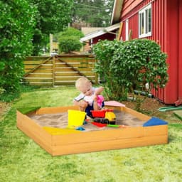 image-Outsunny Kids Wooden Sand Pit Sandbox w/ Seats, for Gardens, Playgrounds