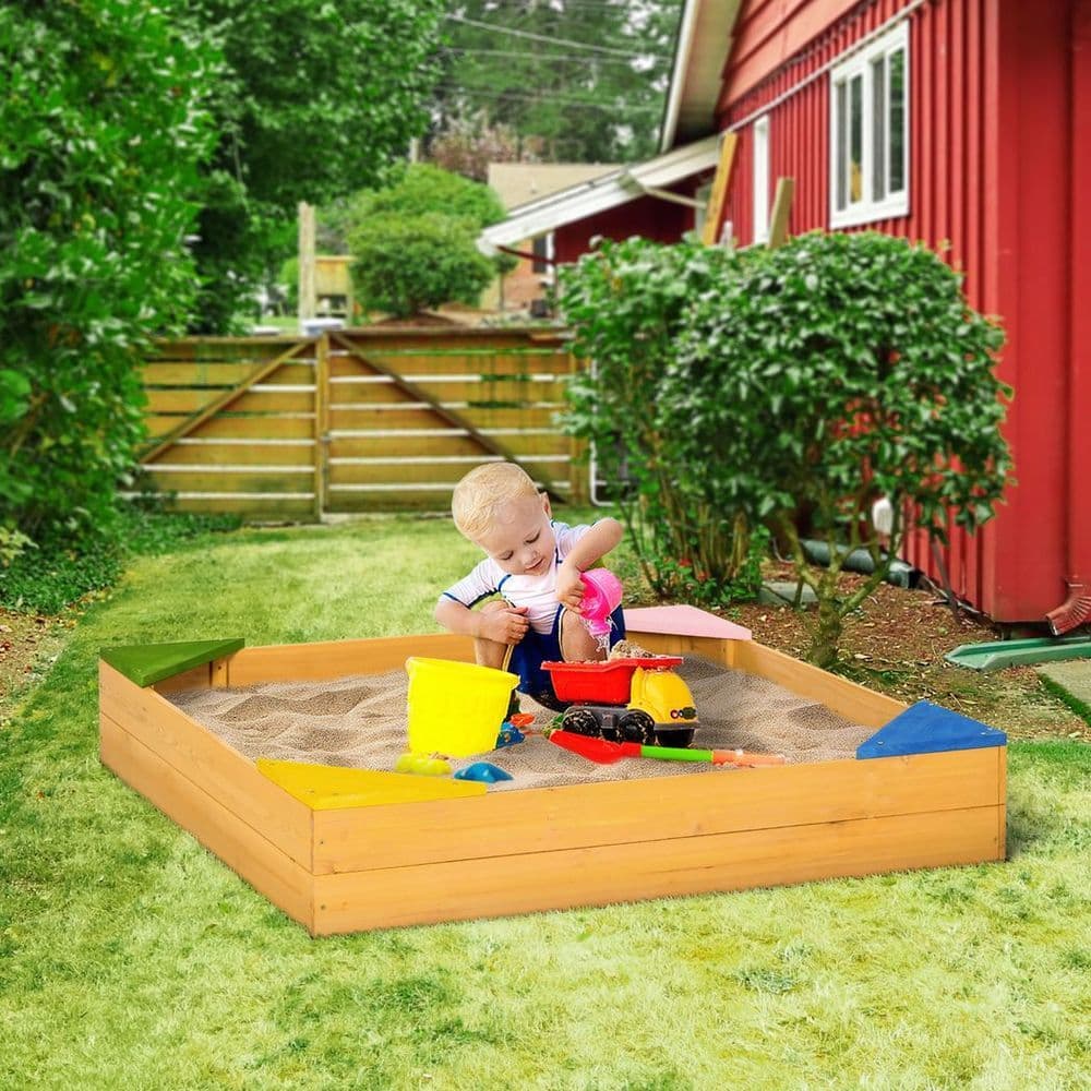 image-Outsunny Kids Wooden Sand Pit Sandbox w/ Seats, for Gardens, Playgrounds