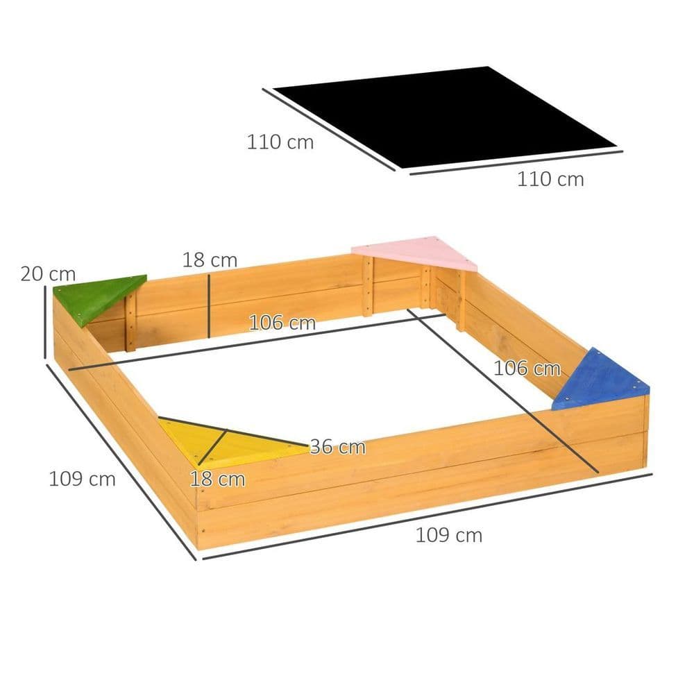 image-Outsunny Kids Wooden Sand Pit Sandbox w/ Seats, for Gardens, Playgrounds
