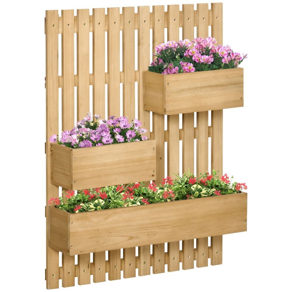 image-Outsunny Wooden Garden Planters with Trellis Wall-mounted Raised Garden Bed