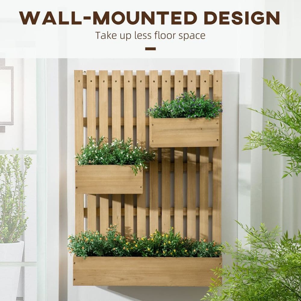 image-Outsunny Wooden Garden Planters with Trellis Wall-mounted Raised Garden Bed