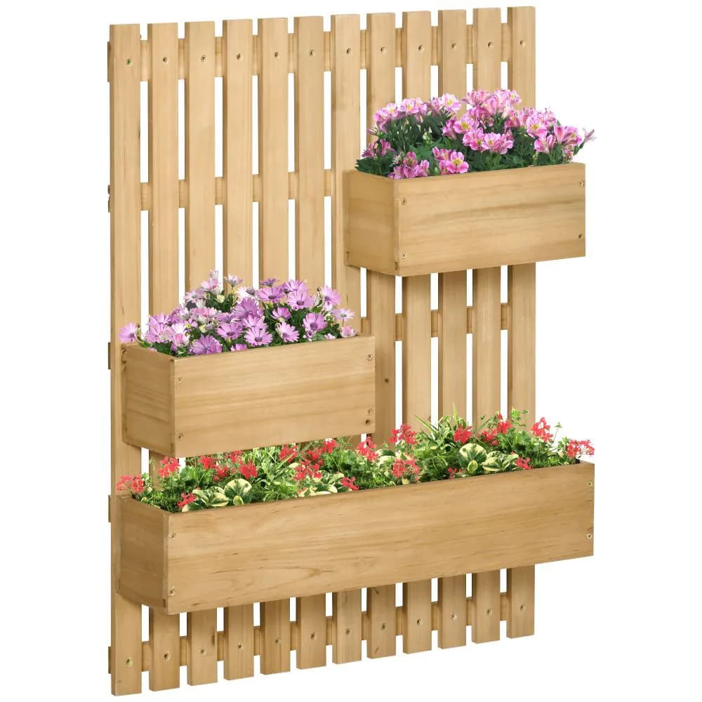 image-Outsunny Wooden Garden Planters with Trellis Wall-mounted Raised Garden Bed
