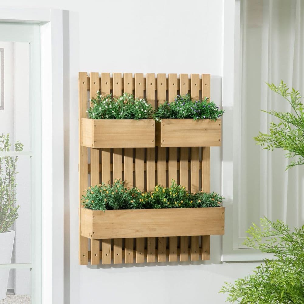 image-Outsunny Wooden Garden Planters with Trellis Wall-mounted Raised Garden Bed