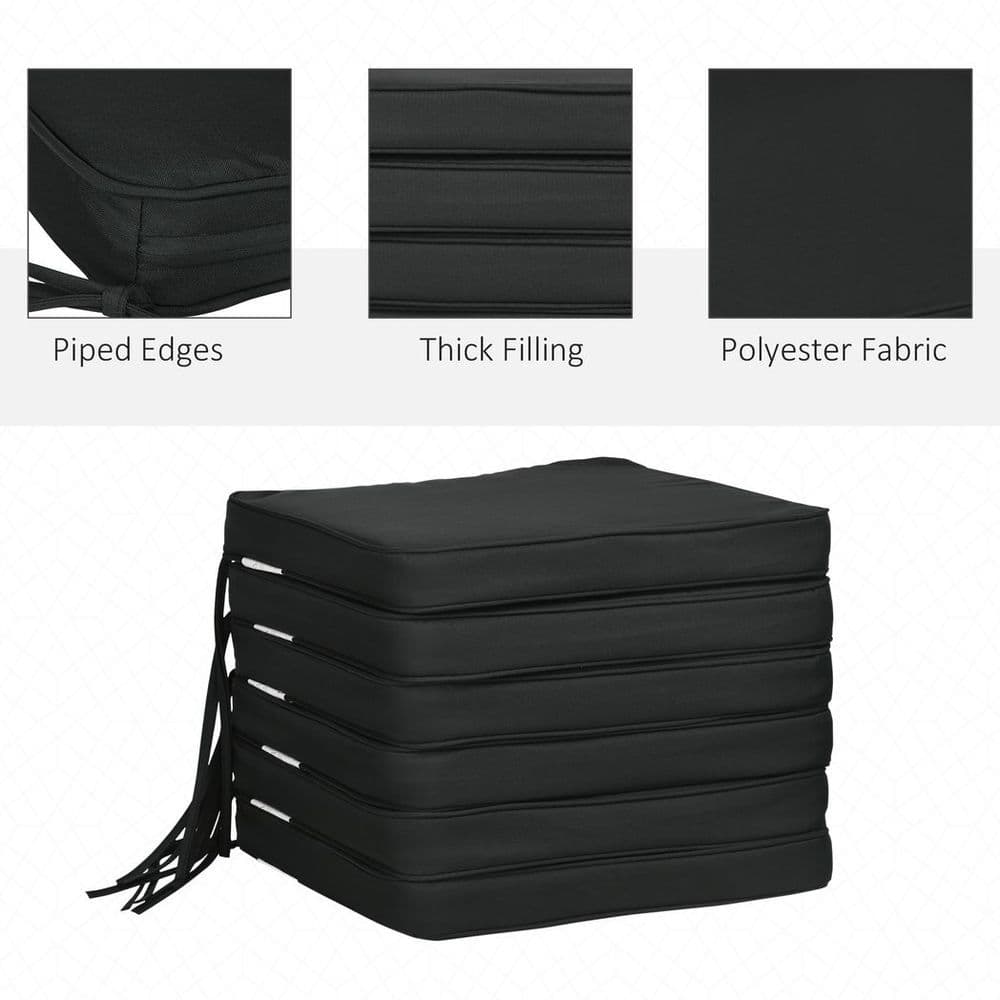 image-Outsunny Set of 6 Chair Cushion Seat Pads Dining Chair w/ Straps Outdoor Black