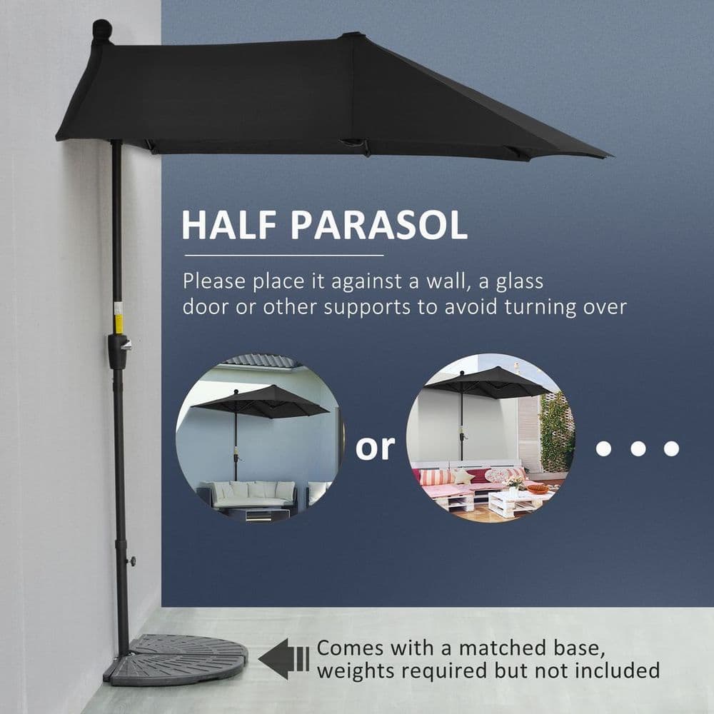 image-Outsunny 2m Half Garden Parasol Market Umbrella w/ Crank Handle, Base Black