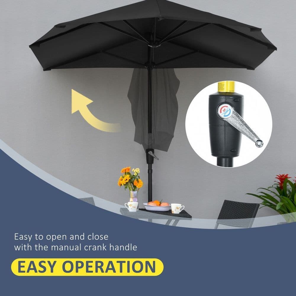 image-Outsunny 2m Half Garden Parasol Market Umbrella w/ Crank Handle, Base Black