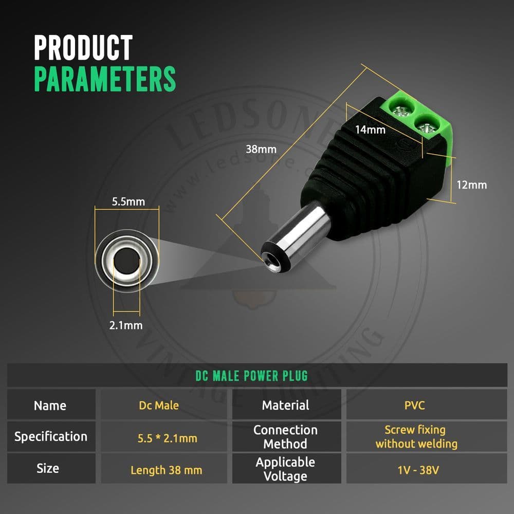 image-DC Power Connector Male Jack Connector Plug Adapter for CCTV Camera LED Strip Light