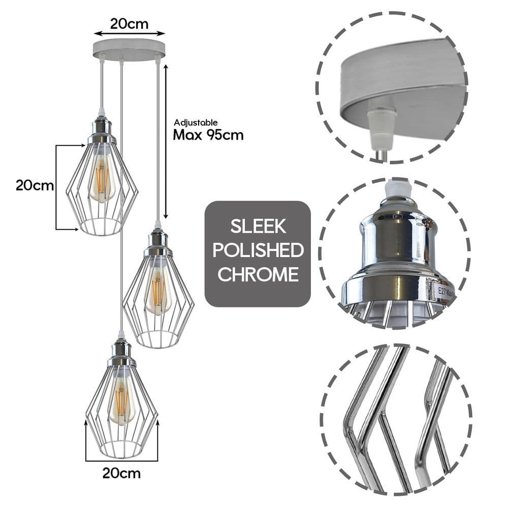 image-Chrome 3 Head Round Base Retro Vintage Loft Style Ceiling Lamp Shade