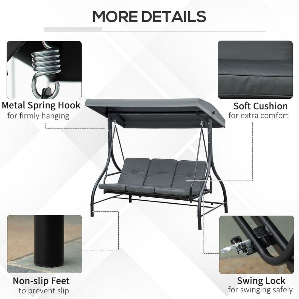 image-3 Seater Canopy Swing Chair Porch Hammock Bed Rocking Bench Dark Grey