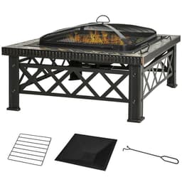 image-76cm Square Garden Fire Pit Square Table w/ Poker Mesh Cover Log Grate