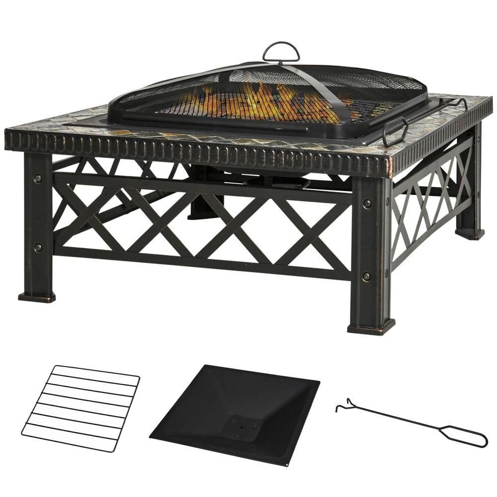 image-76cm Square Garden Fire Pit Square Table w/ Poker Mesh Cover Log Grate