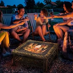 image-76cm Square Garden Fire Pit Square Table w/ Poker Mesh Cover Log Grate