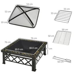 image-76cm Square Garden Fire Pit Square Table w/ Poker Mesh Cover Log Grate
