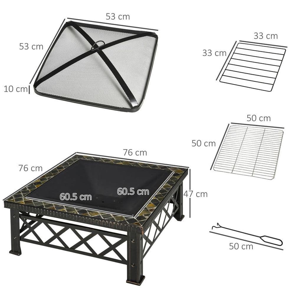 image-76cm Square Garden Fire Pit Square Table w/ Poker Mesh Cover Log Grate