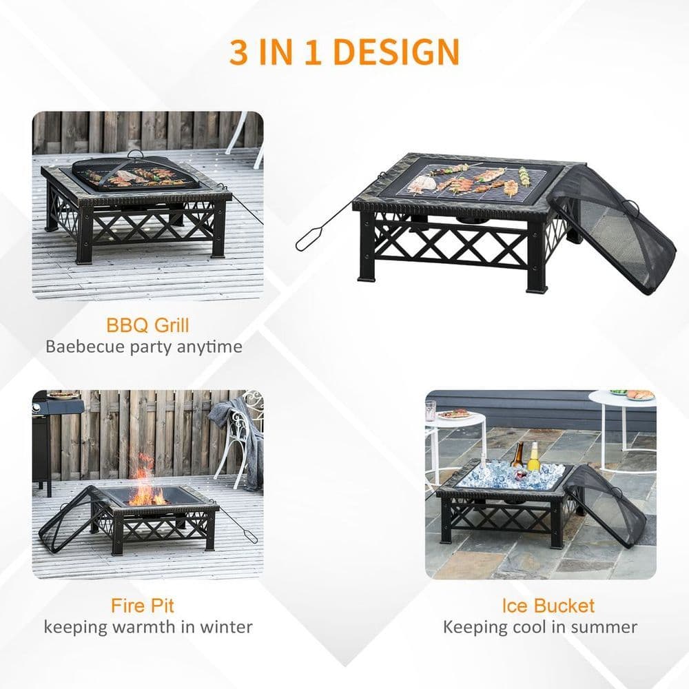 image-76cm Square Garden Fire Pit Square Table w/ Poker Mesh Cover Log Grate
