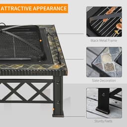 image-76cm Square Garden Fire Pit Square Table w/ Poker Mesh Cover Log Grate