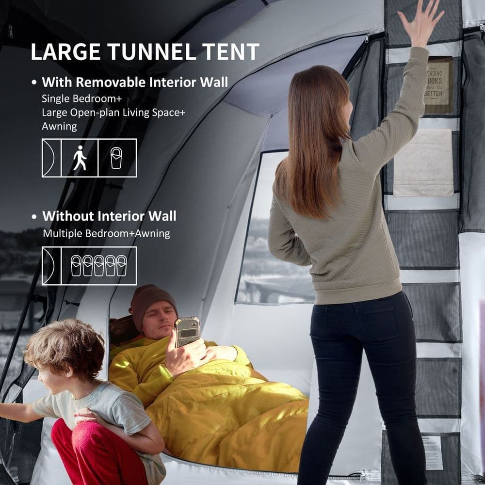 image-8-Person Camping Tent Tunnel Design with 4 Large Windows Dark Grey