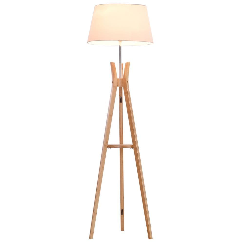 image-Tripod Floor Lamp Light E27 Base w/ Fabric Shade Storage Shelf, White