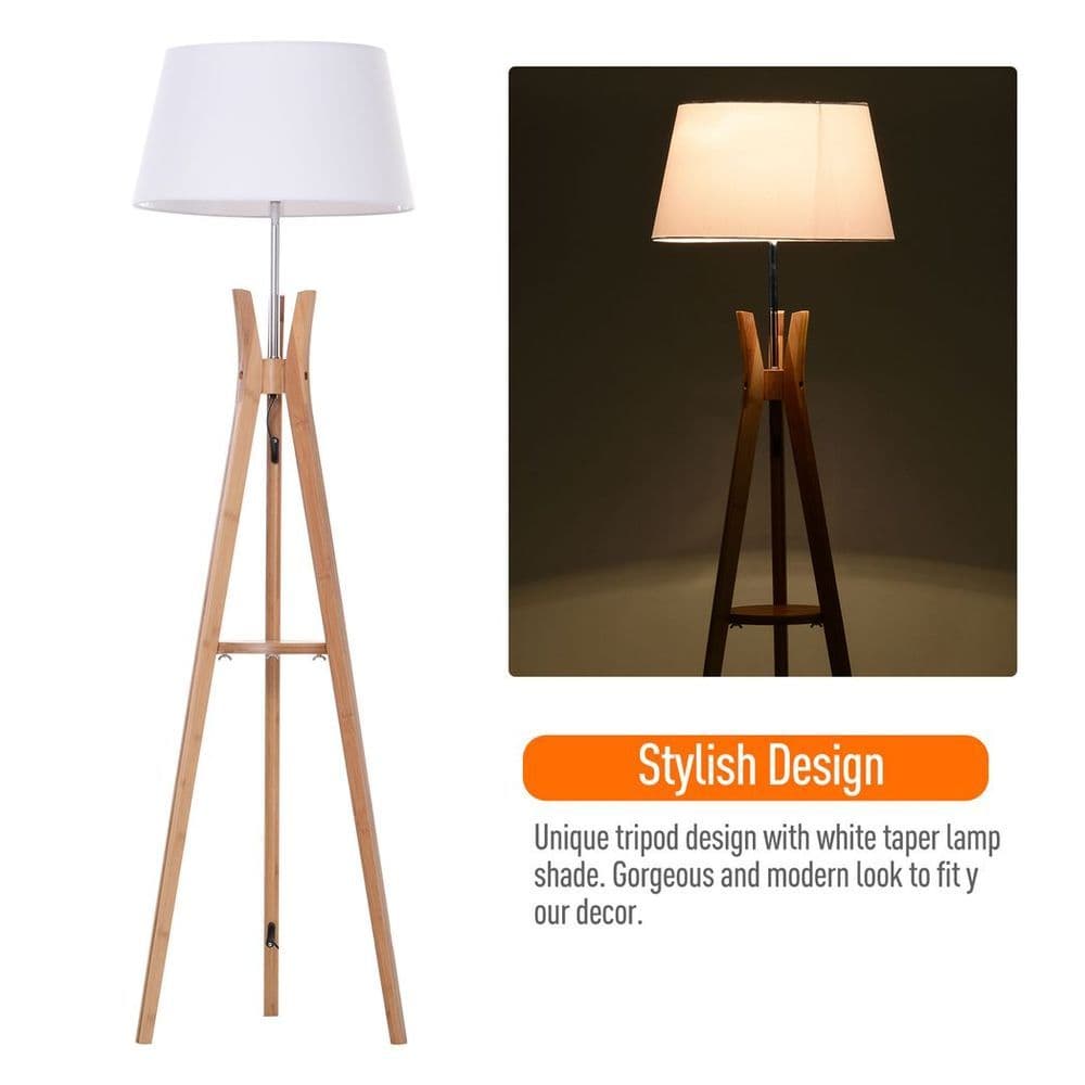 image-Tripod Floor Lamp Light E27 Base w/ Fabric Shade Storage Shelf, White