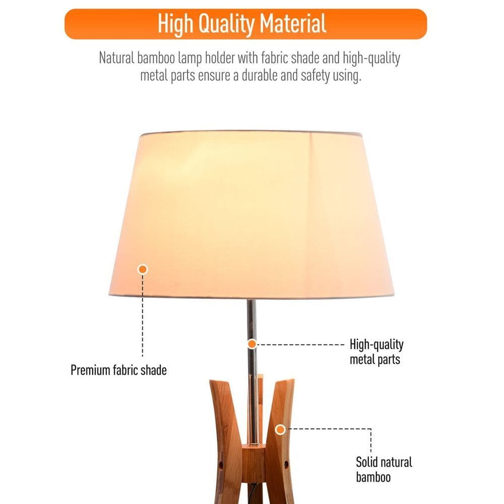 image-Tripod Floor Lamp Light E27 Base w/ Fabric Shade Storage Shelf, White