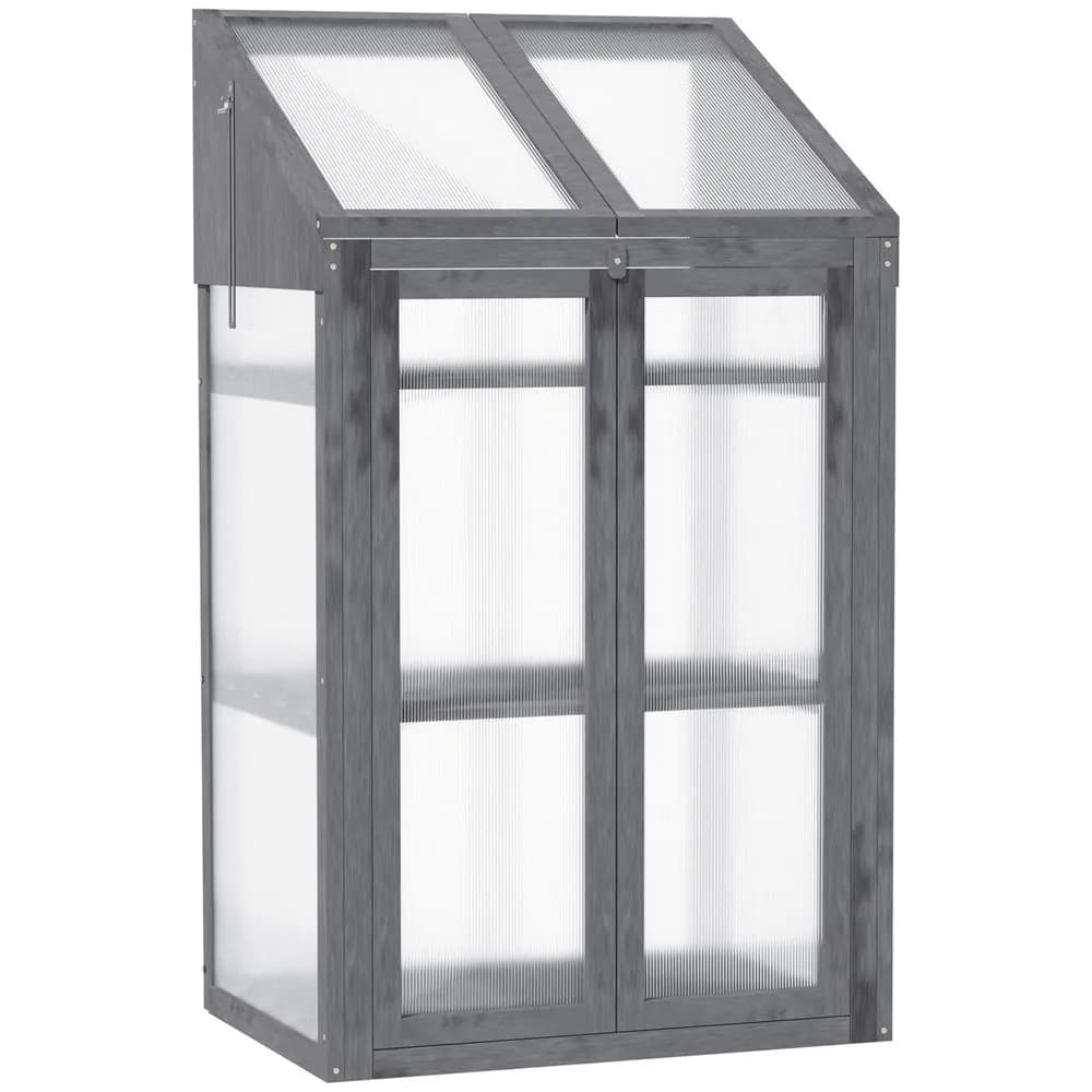 image-Wooden Greenhouse Cold Frame Grow House w/ Double Door for Flower Grey