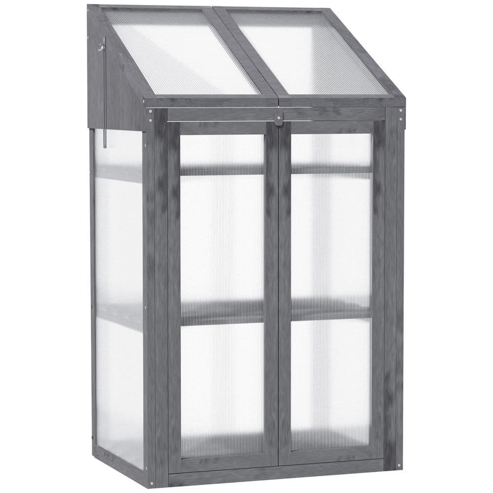 image-Wooden Greenhouse Cold Frame Grow House w/ Double Door for Flower Grey