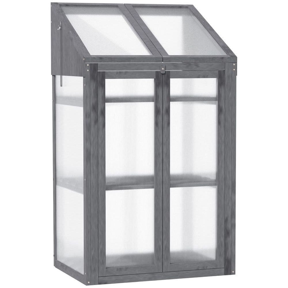 image-Wooden Greenhouse Cold Frame Grow House w/ Double Door for Flower Grey
