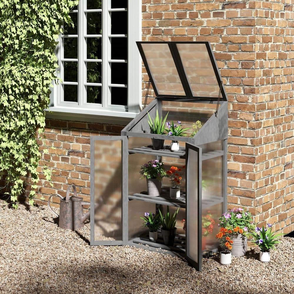 image-Wooden Greenhouse Cold Frame Grow House w/ Double Door for Flower Grey