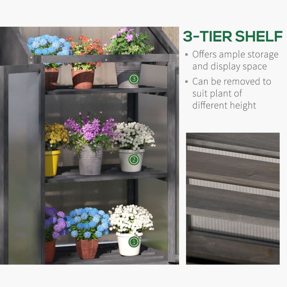 image-Wooden Greenhouse Cold Frame Grow House w/ Double Door for Flower Grey