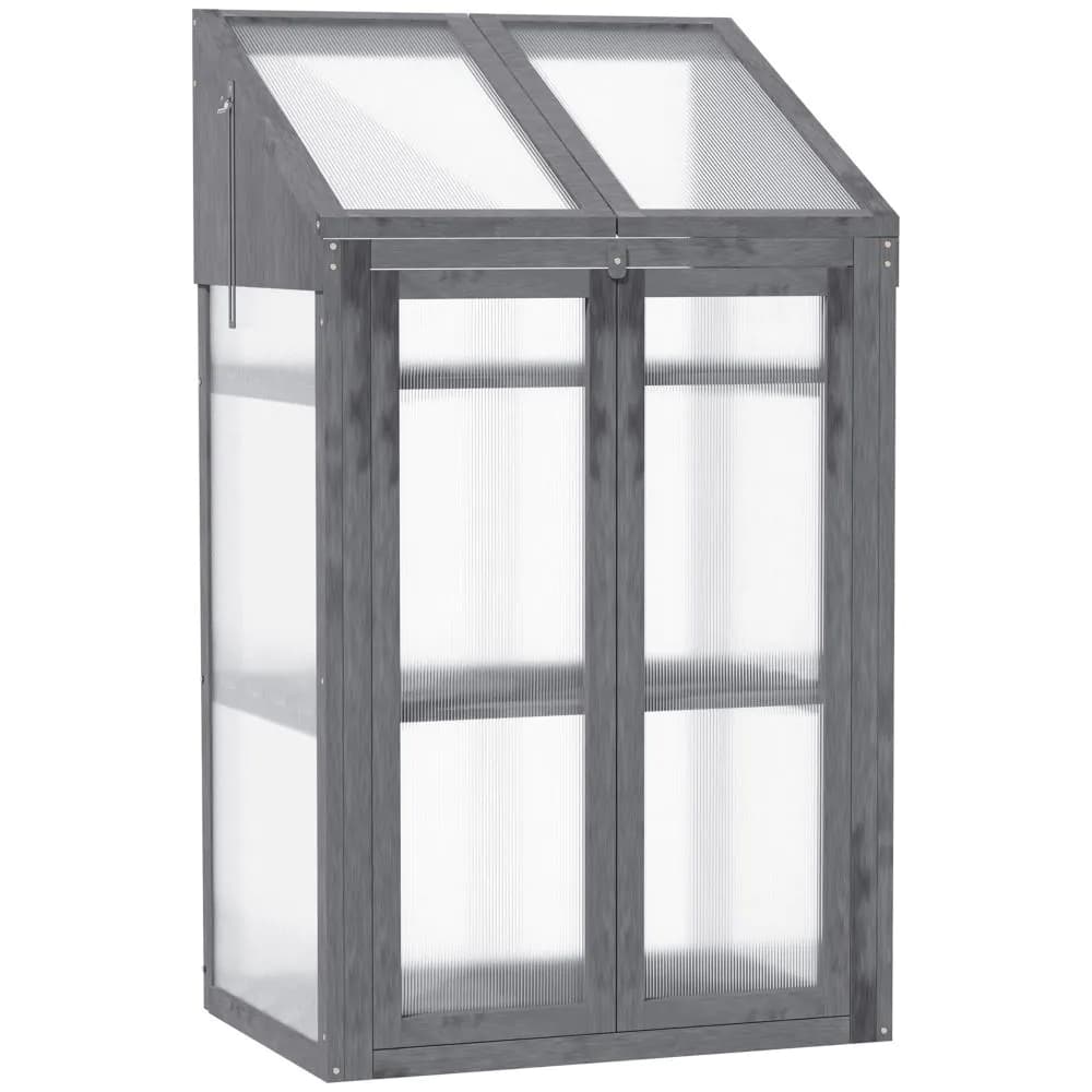 image-Wooden Greenhouse Cold Frame Grow House w/ Double Door for Flower Grey