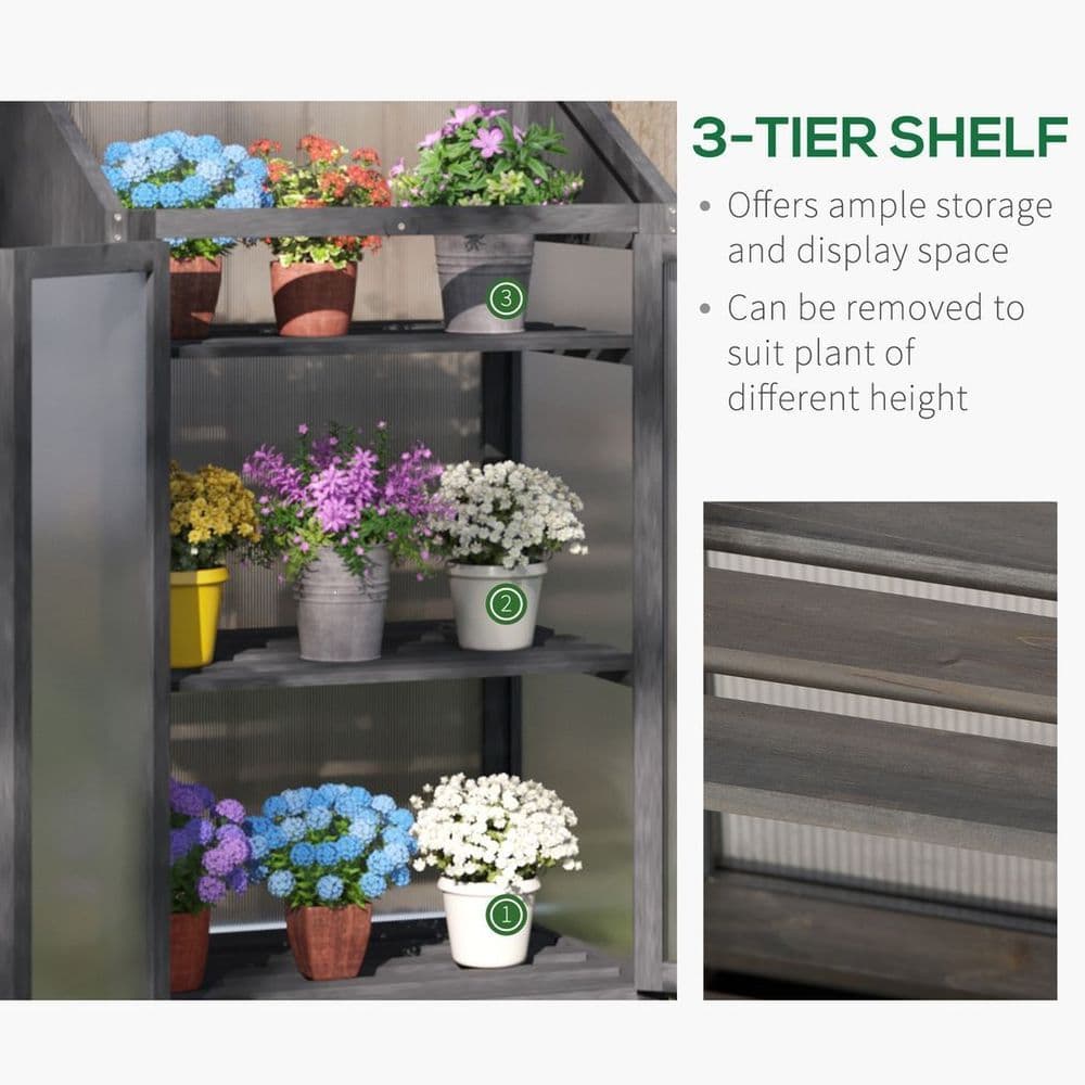 image-Wooden Greenhouse Cold Frame Grow House w/ Double Door for Flower Grey