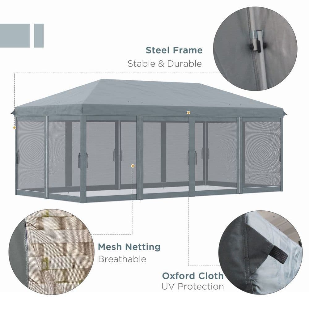 image-6 x 3m Pop Up Party Tent Canopy with 6 Removable Sidewalls Grey