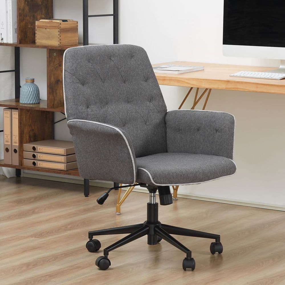 image-Office Chair Task Adjustable Height Mid Back Armrest Tilt Linen Grey