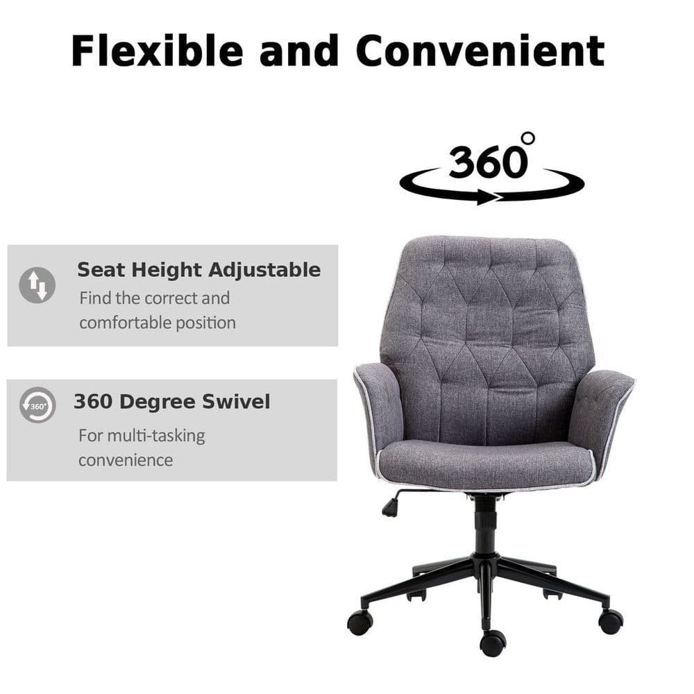 image-Office Chair Task Adjustable Height Mid Back Armrest Tilt Linen Grey