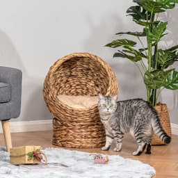 image-Wicker Cat House, Raised Cat Bed with Cylindrical Base, 42 x 33 x 52cm