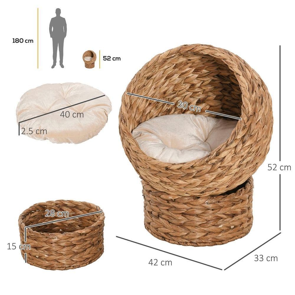 image-Wicker Cat House, Raised Cat Bed with Cylindrical Base, 42 x 33 x 52cm