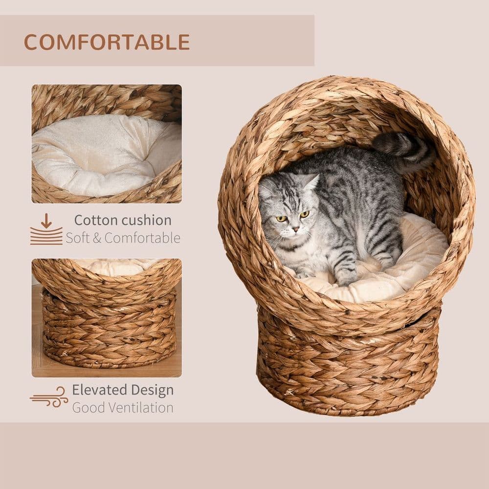 image-Wicker Cat House, Raised Cat Bed with Cylindrical Base, 42 x 33 x 52cm