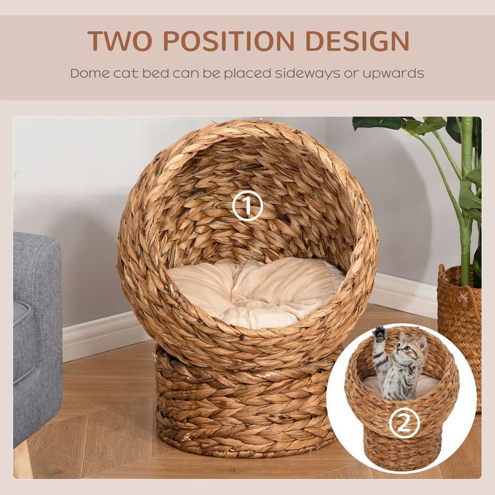 image-Wicker Cat House, Raised Cat Bed with Cylindrical Base, 42 x 33 x 52cm