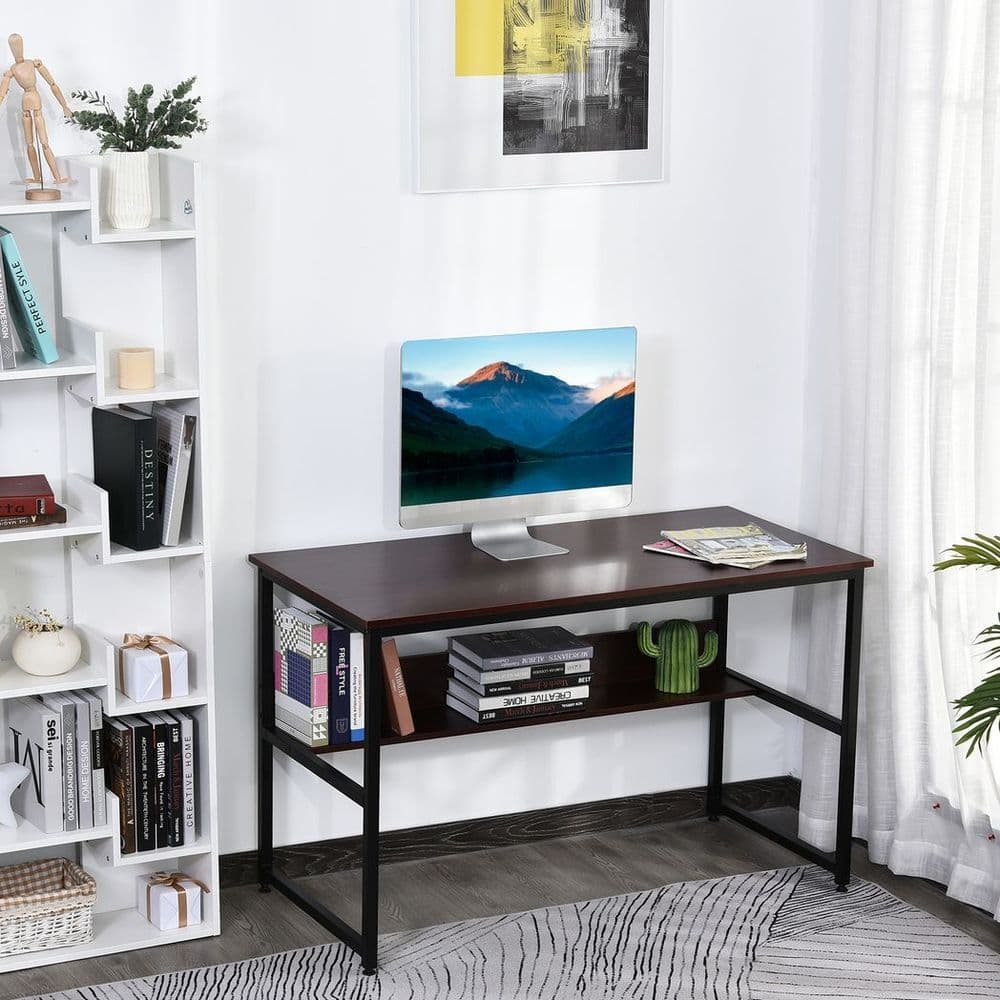 image-2-Tier Writing Desk Metal Frame Smooth Shelves Storage Shelf Brown