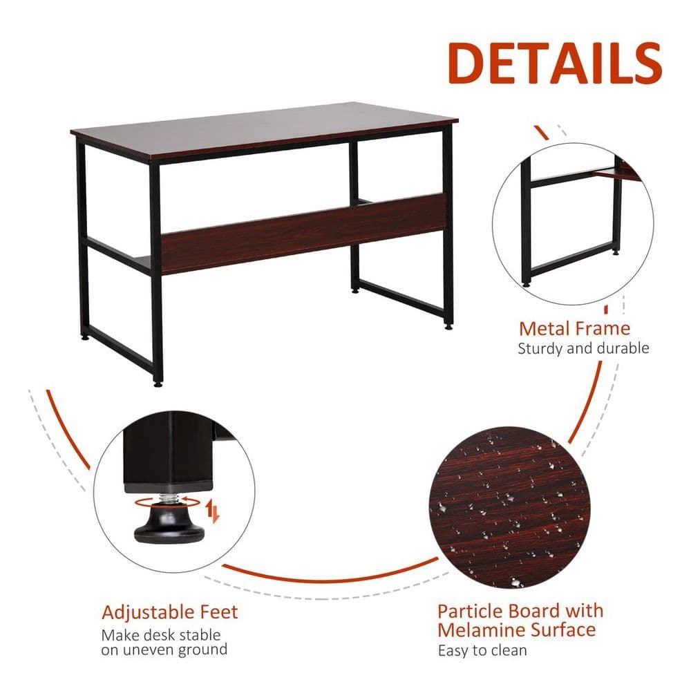 image-2-Tier Writing Desk Metal Frame Smooth Shelves Storage Shelf Brown