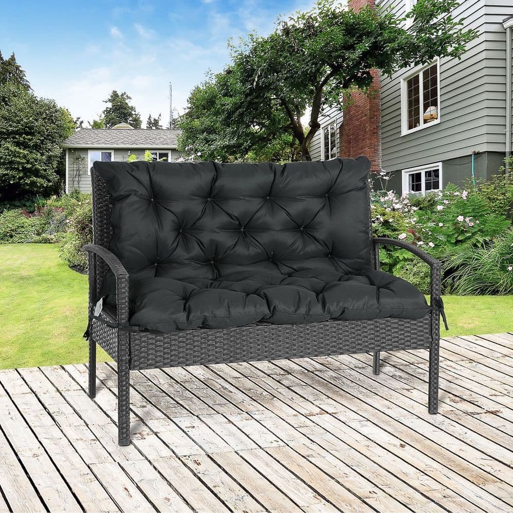 image-2 Seater Garden Bench Cushion Outdoor Seat Pad with Ties Black