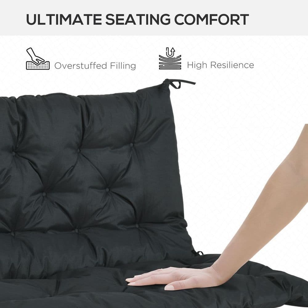 image-2 Seater Garden Bench Cushion Outdoor Seat Pad with Ties Black
