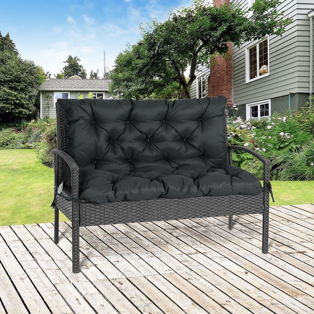 image-2 Seater Garden Bench Cushion Outdoor Seat Pad with Ties Black